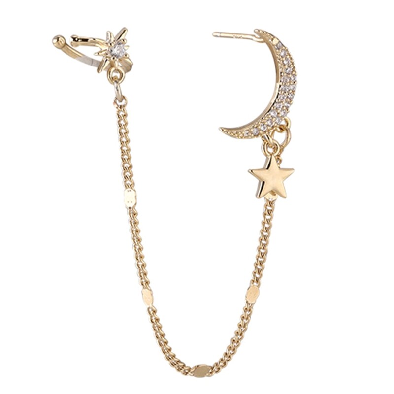 Stylish Moon Star Rhinestones Ear Clip for Tragus Non-Piercing Cuff Earrings for Women and Girls