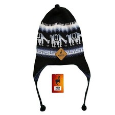 HANDMADE ANDEAN ALPACA BLACK REVERSIBLE BLUE HAT WITH EAR FLAPS