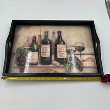 Wooden Tray With Pictures Of Wine & Fruit