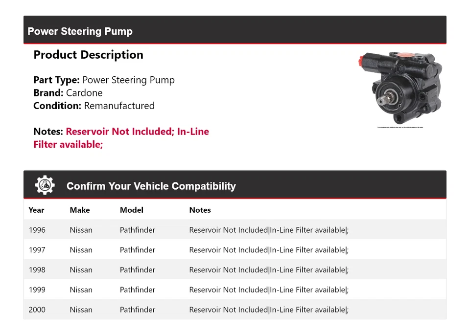 Bomba de dirección asistida Cardone 1997 1998 1999 para Nissan Pathfinder 1996-2000 Foto 2 de 4