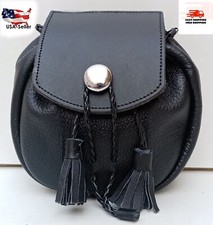 Scottish Real Black Leather Sporran Rob Roy Style Kilt Sporran with Chain Strap