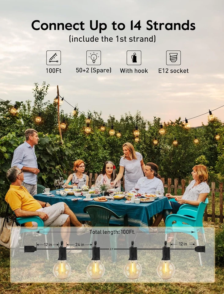 Cadena de luces LED para exteriores, luces de patio de 100 pies con bombilla irrompible Edison 52 Foto 2 de 4