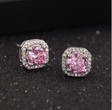 925 Sterling Silver Solitaire Square Pink Cubic Zirconia Stud Earrings Gift S1