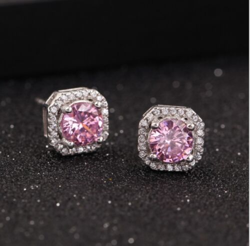 Orecchini a Borchie Solitario Argento Sterling 925 Quadrati Rosa Cubici Zirconi Regalo S1 - Foto 1 di 5