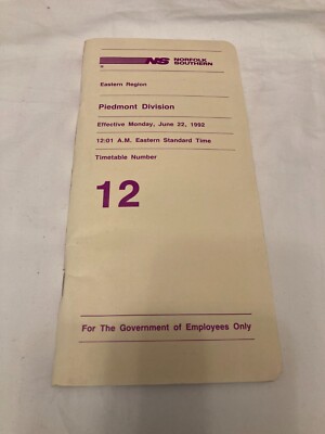 Norfolk Southern Timetable 12 Piedmont Division Eastern Region June 22, 1992