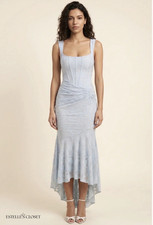 Carol Maxi Dress- Light Blue Floral Lace Ruched Bodycon Hi-Low Dress L