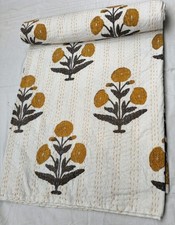 Indian Handmade Black Kantha Quilt Hand Block Print King Size Bedspread Blanket