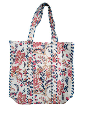 Indian White Floral Printed Quilt Shoulder Bag Women's Beach Cotton Handbag US