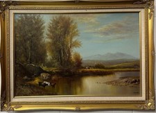 D Olson (20TH Cen-ry) : Extensive Landscape With Cattle Watering , Oil On Canvas