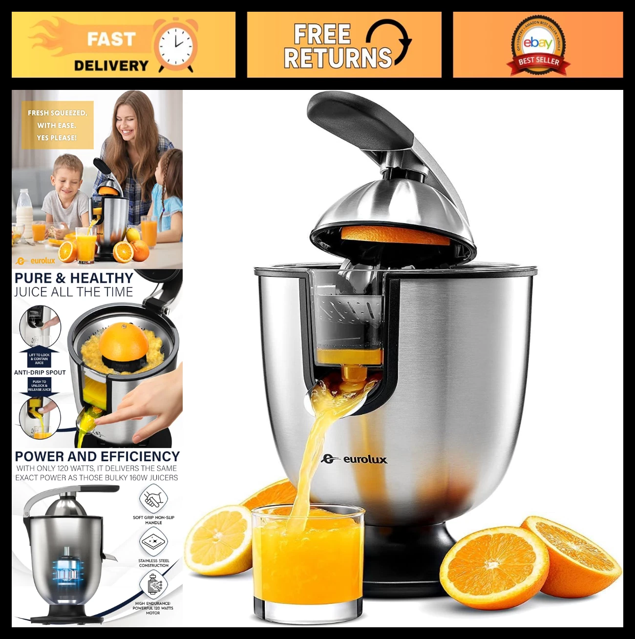 Premium Electric Orange Juicer - Stainless Steel Citrus Squeezer, Powerful Motor