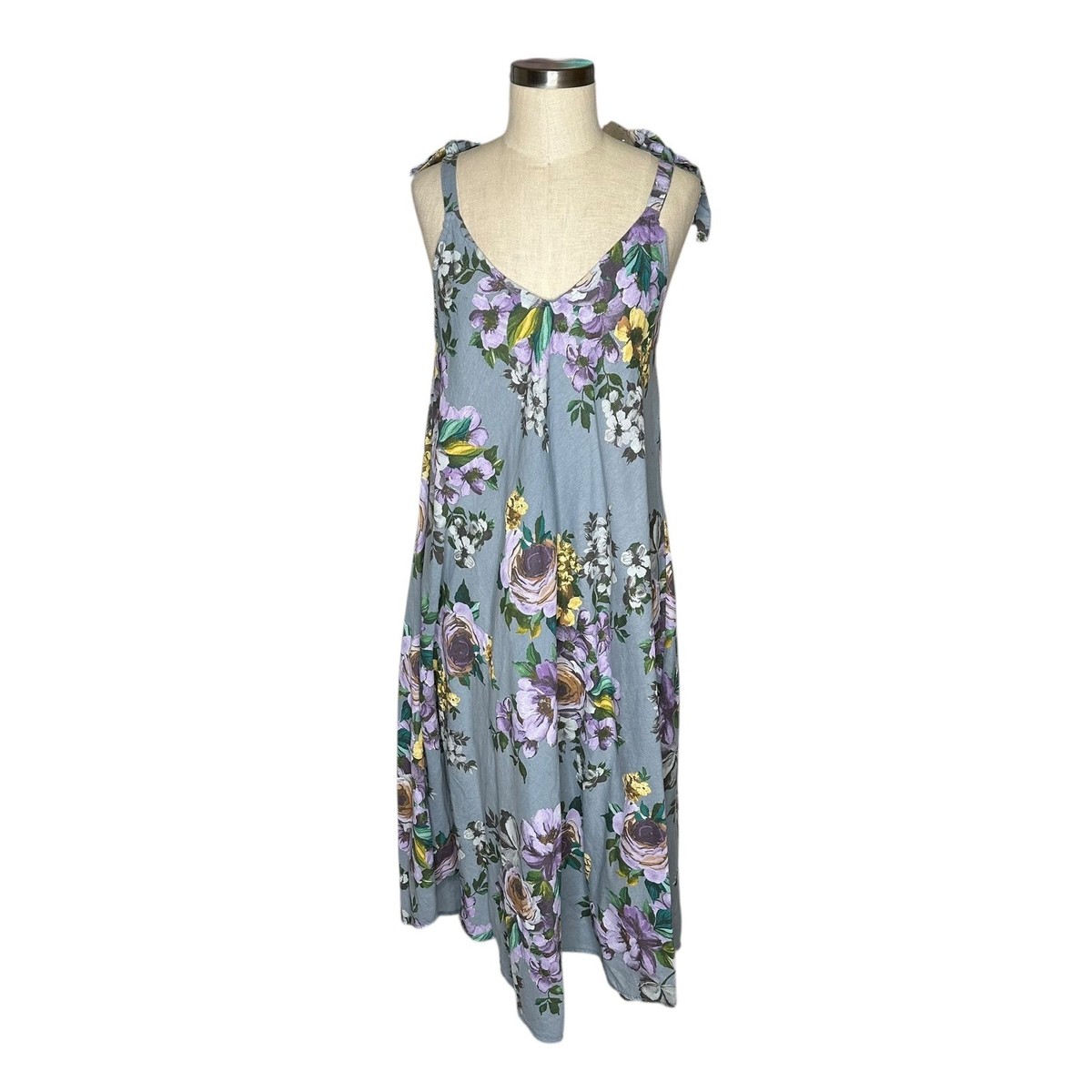 TEMPO PARIS Floral Midi Dress Tie Shoulder V Neck Blue Linen Blend M/L NWT  Boho | eBay