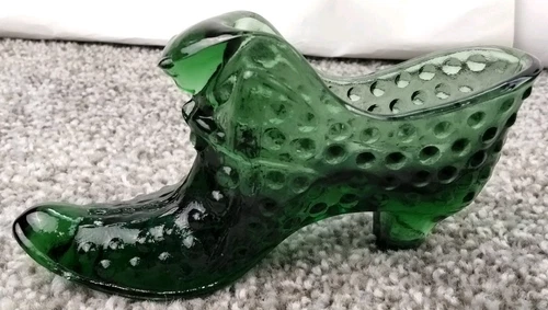 Vintage Fenton Art Cut Glass Green Cat Head Slipper Shoe Hobnail Decor Figurine