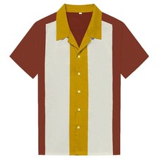 Image of Men 50's Vintage Cotton Bowling Shirt Rockabilly Short Sleeve Casual Shirts