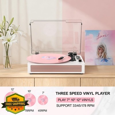 VINYLS LINK Record Player Pink | Bluetooth Turntable EQ LED 3-Speed USB Record