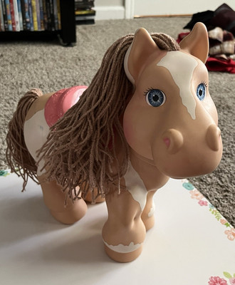 Toy Horse Figure Brown/White w/ Pink Saddle, Yarn Mane & Tail Plastic/Yarn