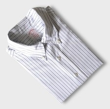 VTG 80s Brooks Brothers Makers Striped Oxford Shirt 17.5 Blue Made in USA OCBD