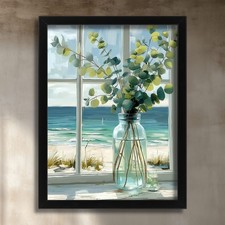Coastal Window Art Print Beach View Poster Eucalyptus Foliage Ocean Wall Art