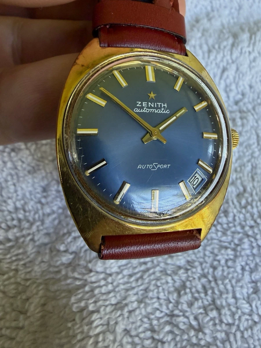 Zenith AutoSport Automatic Blue Sunburst Dial Date Gold Plated Case Leather
