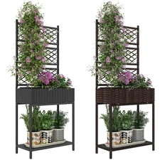 Outsunny Rattan Raised Planter Box with Trellis and Storage Shelf
