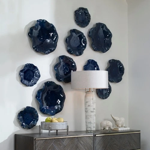 UTTERMOST 4253 ABELLA FLOWER GLAZED RICH COBALT BLUE CERAMIC WALL DECOR SET OF 3 - Picture 5 of 6