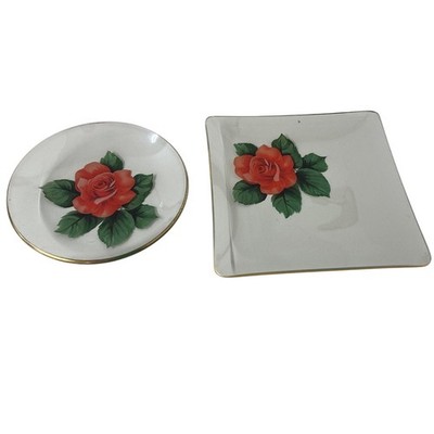 2pc Rose Floral Glass Plates Gold Rim Set