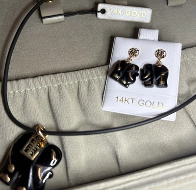 14k Yellow Gold Jade Onyx Elephant Pendant Necklace Black Cord Earrings Set Lot