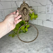 Vintage Brass Towel Ring With Renaissance Goddess Face Ornate Wall Hardware
