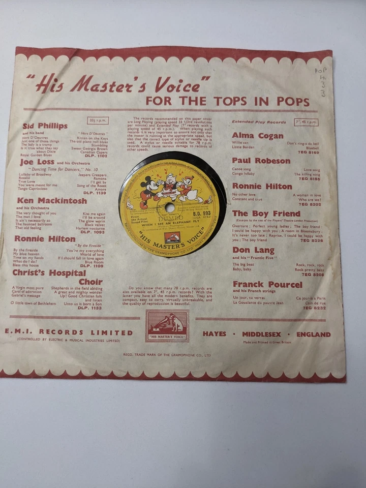 Disney Dumbo 78 RPM Record  Baby Mine / When I See an Elephant Fly HMV DB 9038 Foto 2 de 4