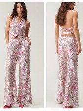 Nasty Gal Festival Rave Pink Silver Floral Sequin Pearl Embellished Pants Size 4