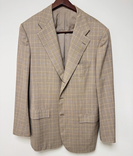 KITON 100% Cashmere Blazer 42 Tan Blue Plaid Bergdorf Goodman RRP $6,200