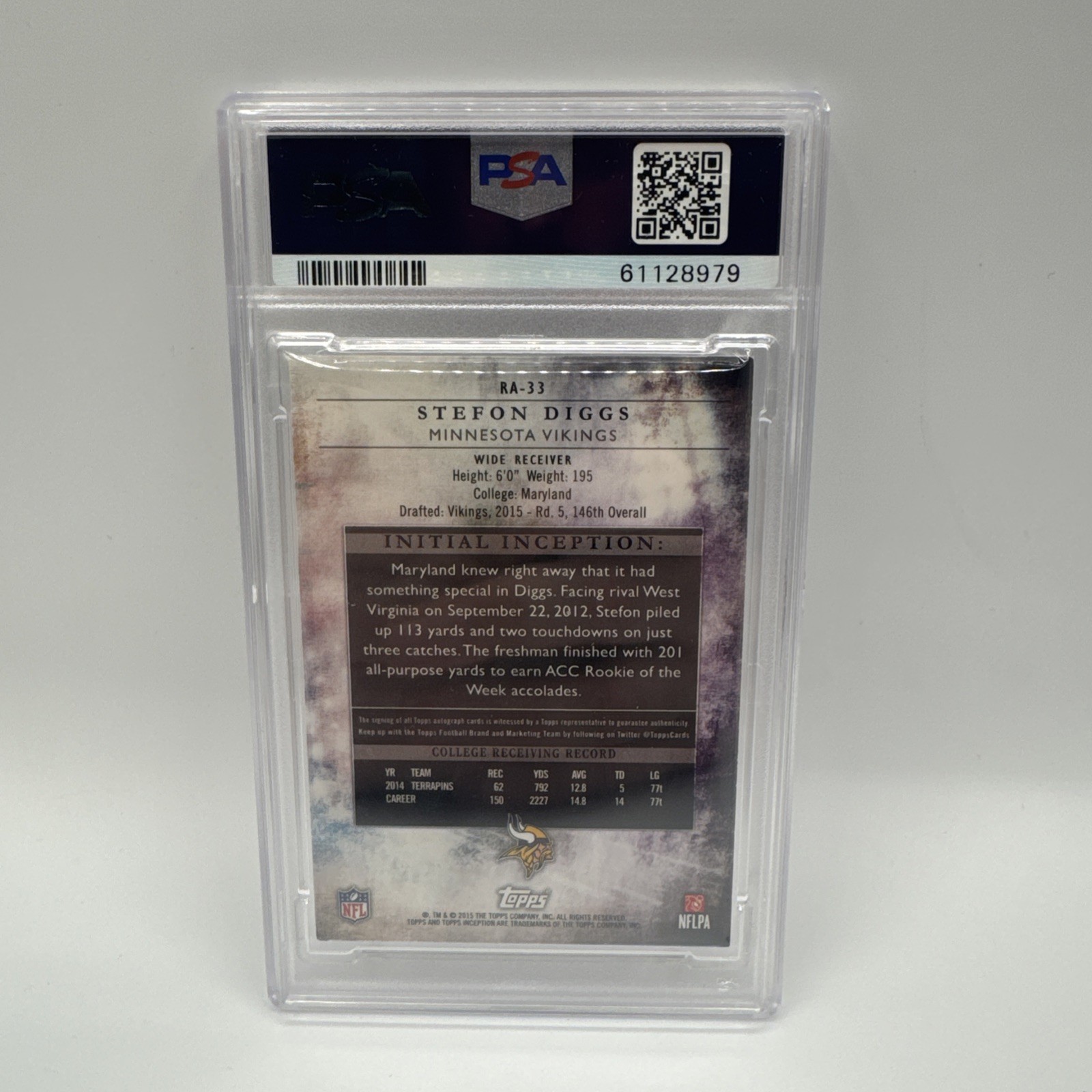 Stefon Diggs 2015 Topps Inception Purple /150 Rookie Auto On Card  PSA 7 RA-33 view 2