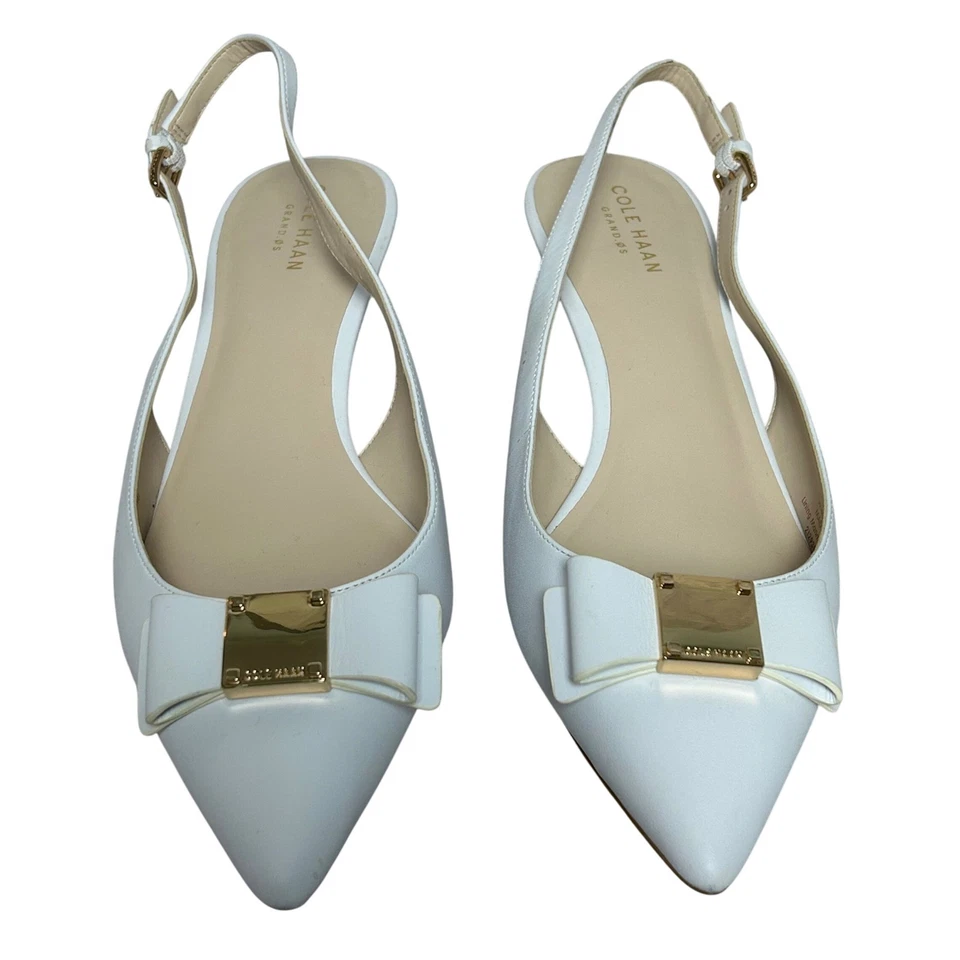 Cole Haan GrandOS Tali Bow White Leather Pointed Toe Slingback Kitten Heels 8B - Image 3 of 4