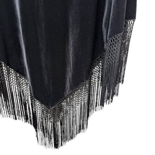 Black Stretch Velvet Poncho Elegant Evening Accessory Fringed - Picture 3 of 10