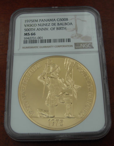 Panama 1975FM Gold 500 Balboas NGC MS66 500th Anniversary- Birth of Balboa - Foto 1 di 2