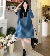 summer plus size Suit collar patchwork checkerboard dress Casual loose and slim