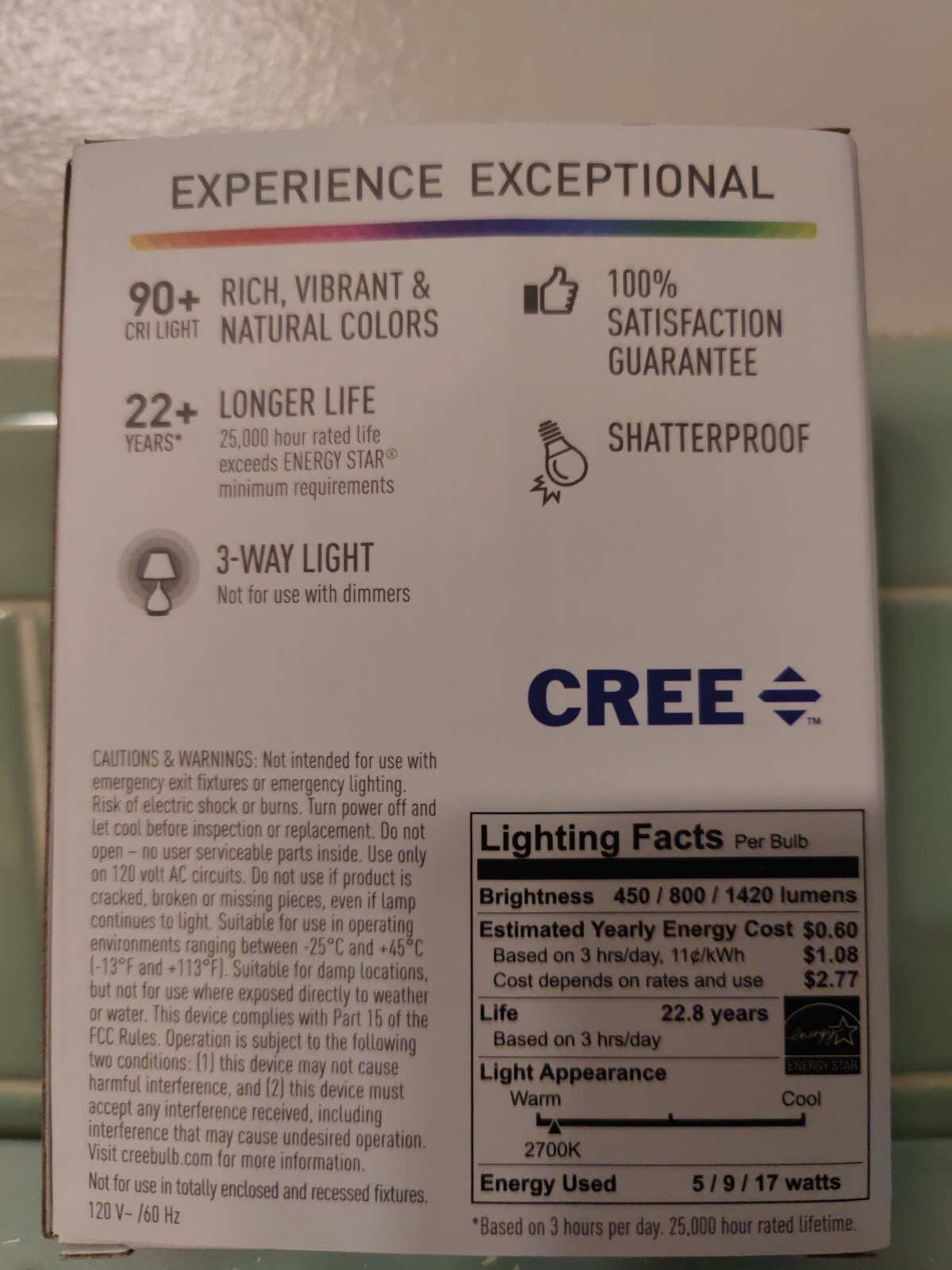 Cree SHATTER PROOF 40W 60W 100W Equivalent Soft White 2700K 3-Way Light Bulb LED