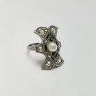 Vtg Art Deco Silvertone Cocktail Ring Marcasite Faux Pearl Costume Jewelry