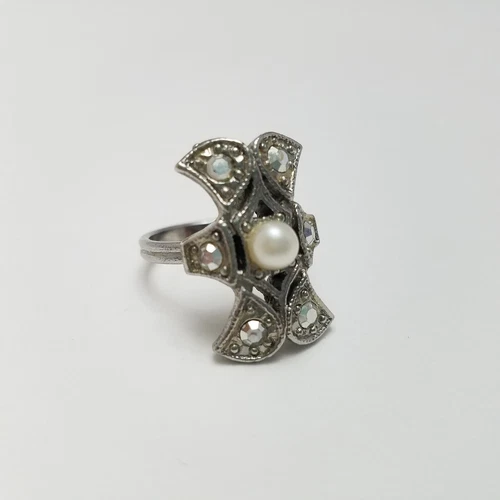 Vtg Art Deco Silvertone Cocktail Ring Marcasite Faux Pearl Costume Jewelry