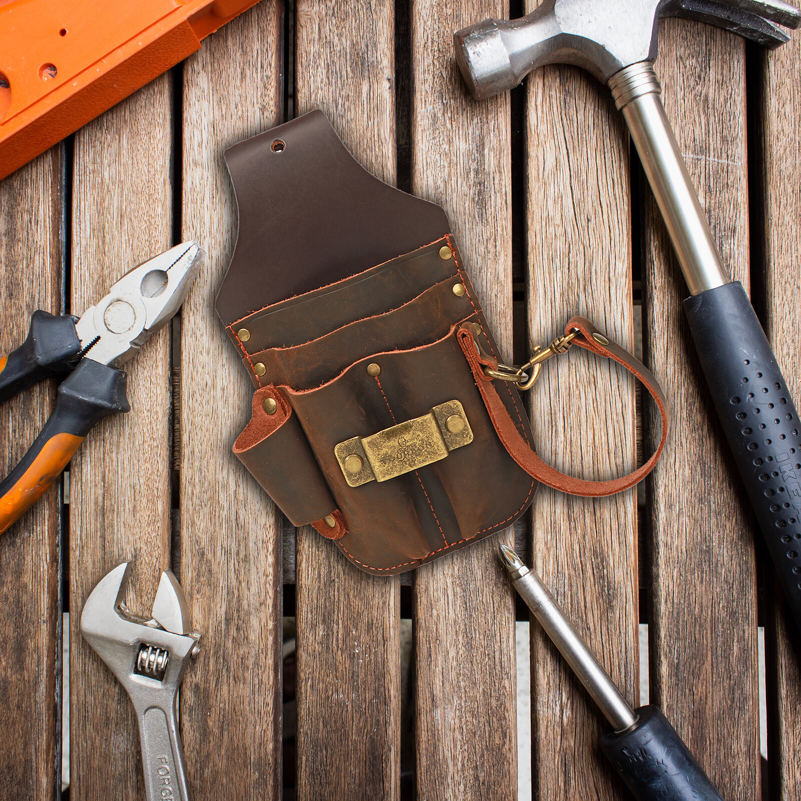 Leather 5 in 1 Tool Holster Electric Tape Thong Plier Pouch Belt Holder-IN USA