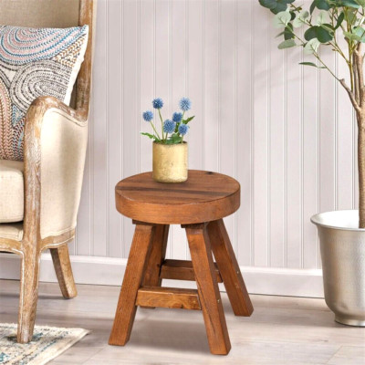 Greenage Small Rustic Old Pine Wooden Stool Round Side Table Bedside Table 18'' H