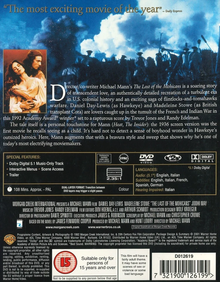 The Last Of The Mohicans (1992) DVD, Daniel Day-Lewis, Madeleine Stowe - Bild 2 von 2