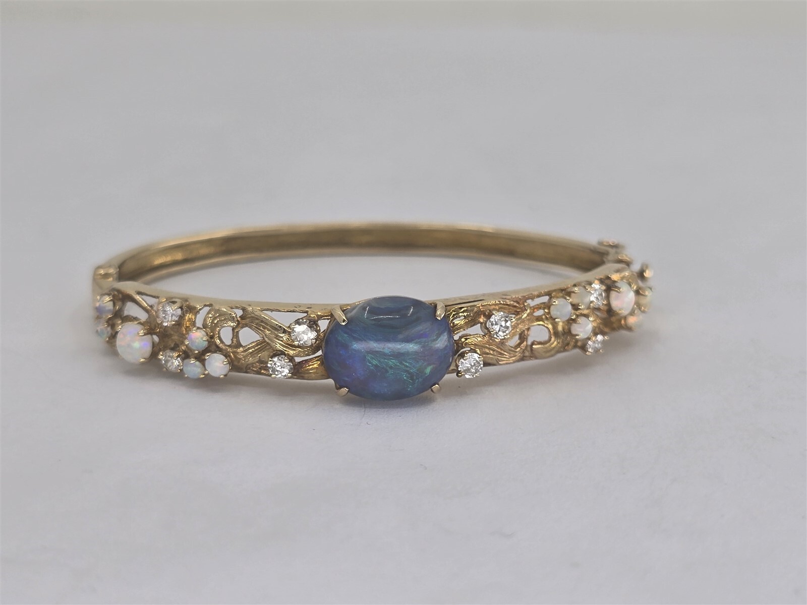 Vintage 14KY Gold Whimsical Opal and Diamond Bangle .48 cttw 2.25