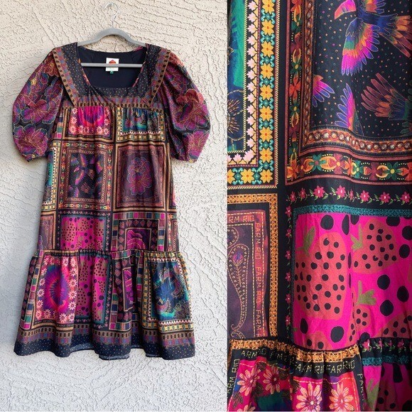 FARM RIO Patchwork Toucan Fruit Printed Mixed Scarves Puff Sleeve Midi  Dress XS