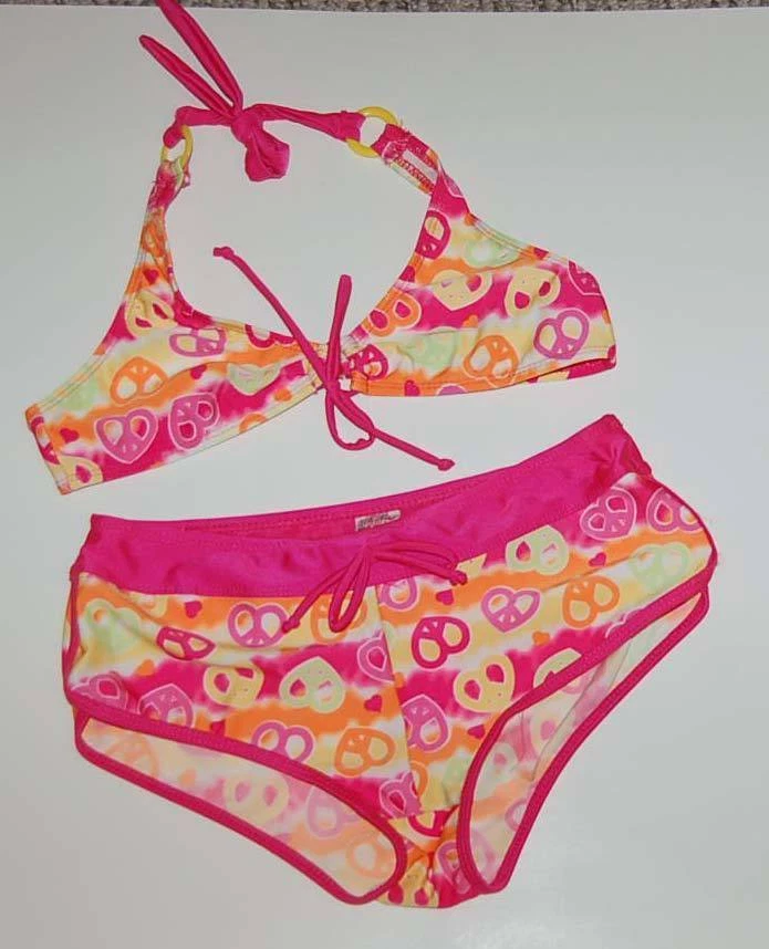GIRLS SWIMSUIT 2 B Real Two Piece PEACE HEARTS Pink Yellow Orange 10-12 - Image 1 of 1