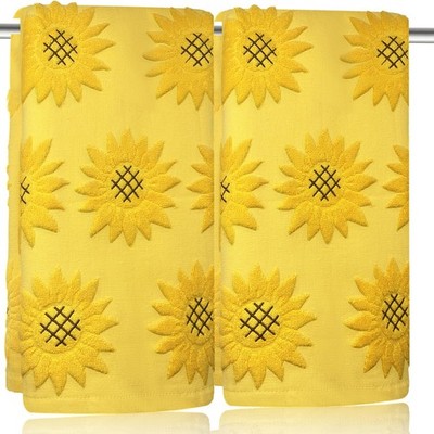 2 PCS Sunflower Hand Towels Bathroom 100% Cotton Yellow Jacquard Floral