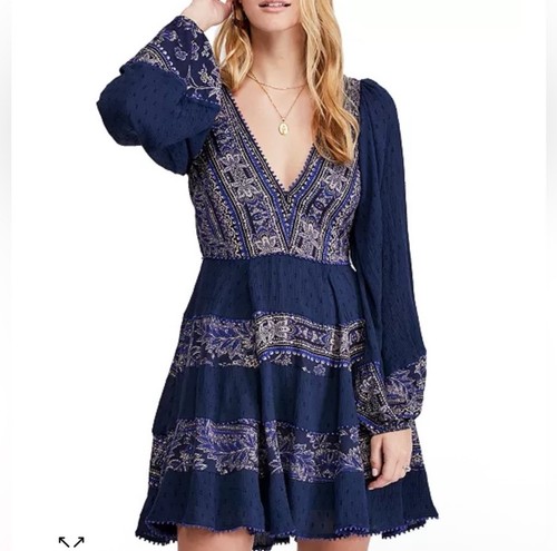 Free People My Love Mini Tiered Dress Blue L Boho Floral Balloon Sleeve Large