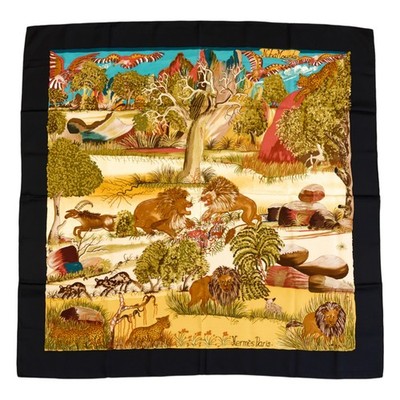 Hermes Silk Scarf Carre 90 ''Nuba Mountain'' Black Silk Scarf us duty free