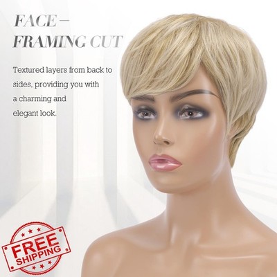 FESHFEN Pixie Cut Wig Blonde Wavy Synthetic Glueless Layered Wig