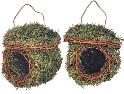 2 Pack Green Grass Birdhouse for Outside Garden Decoration Hanging Bird Hut