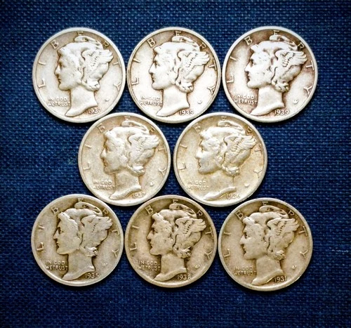 LOT OF EIGHT '30s MERCURY DIMES -- Fine & better -- all diff, 1/2 MM -- silver